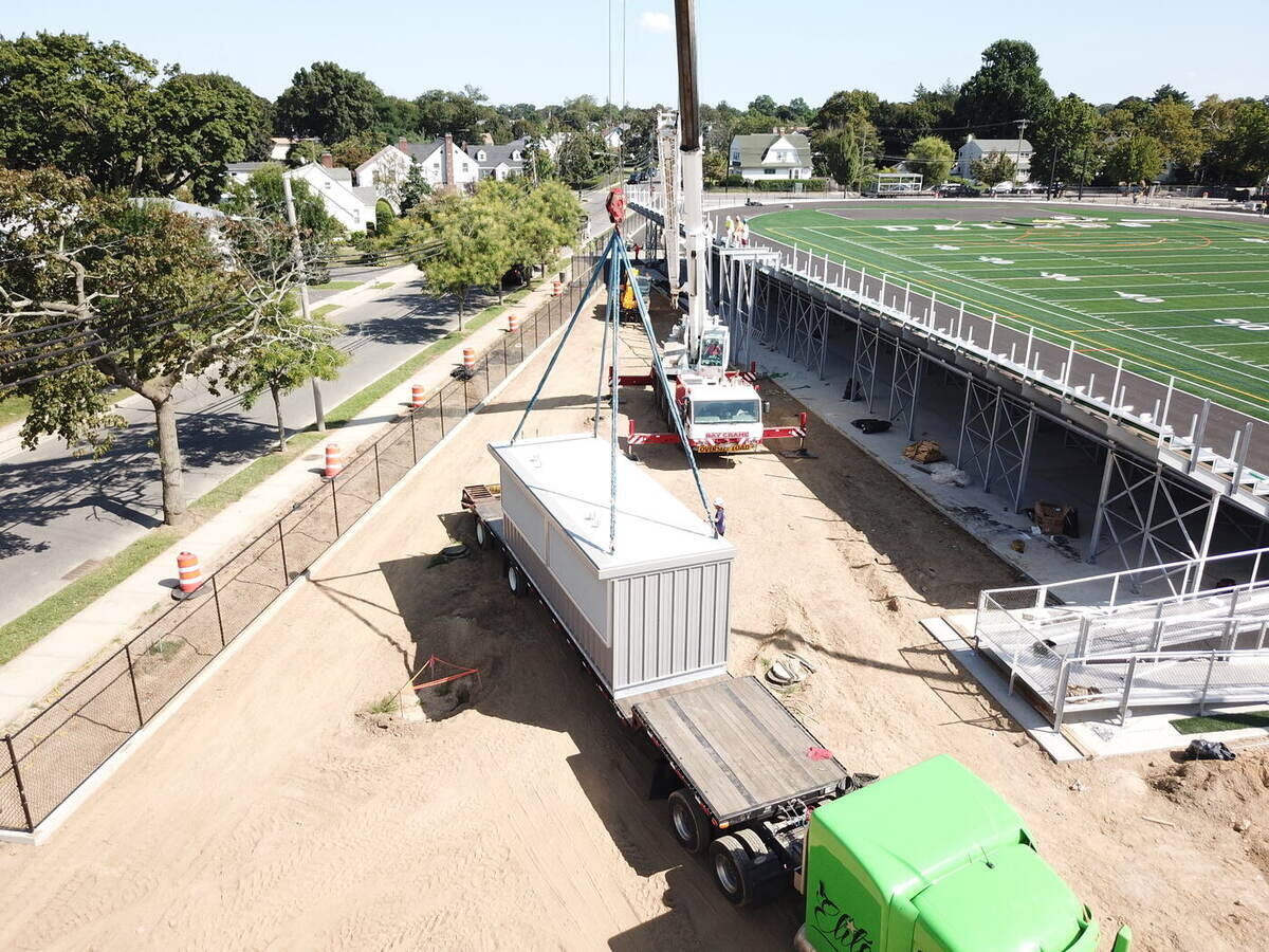 Grandstand and bleacher installation in progress