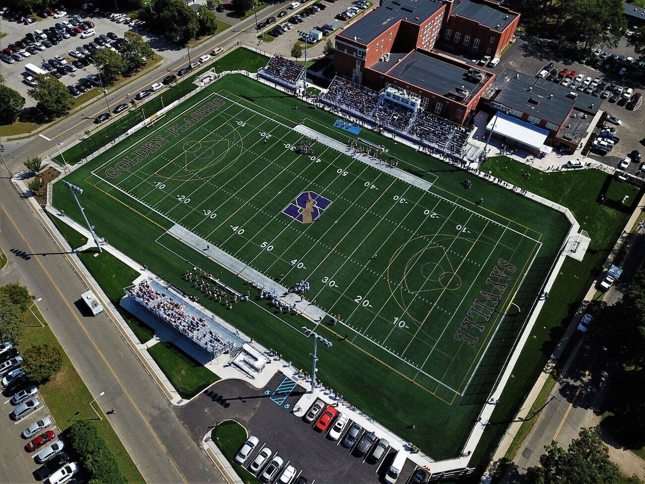 Sayville field aerial with village